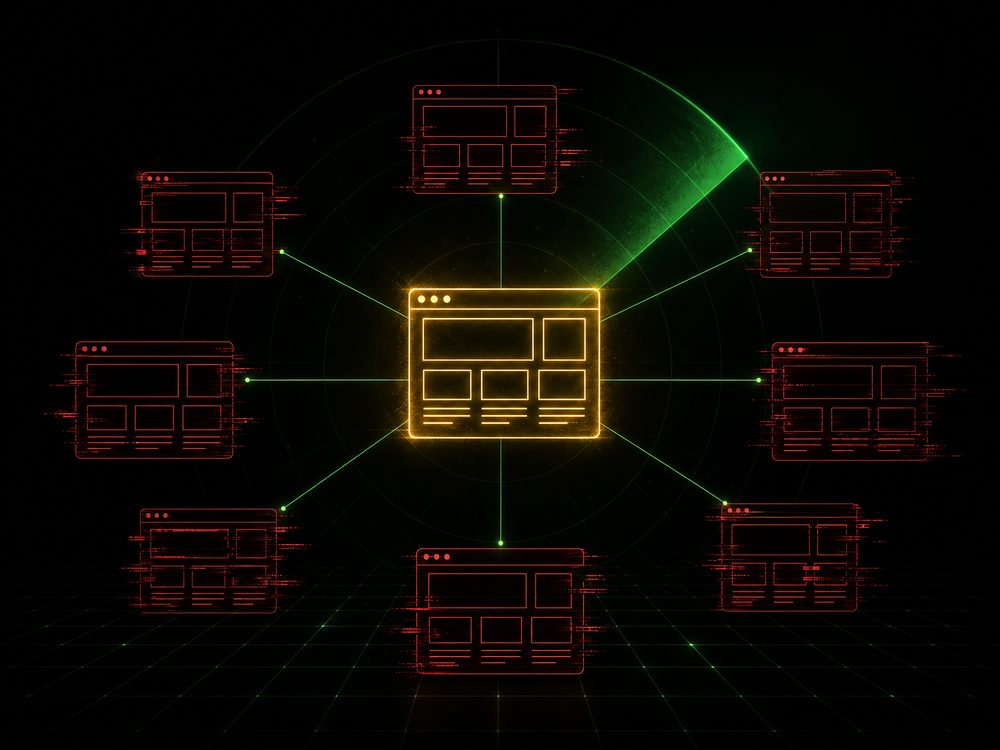 One golden website wireframe at the centre linked to several distorted red cloned wireframes under an emerald radar sweep