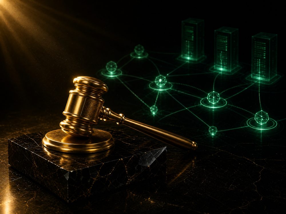 A golden gavel resting on black stone in front of an emerald holographic network of routing nodes and servers