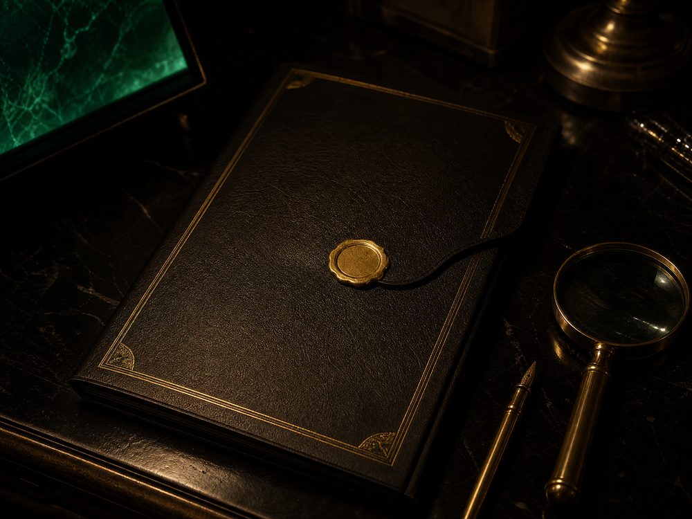 A black leather legal dossier with gold embossing and a wax seal beside a brass magnifying glass and pen