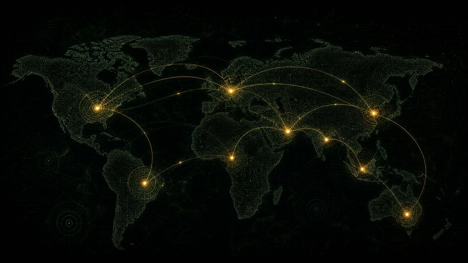 Abstract dark monitoring map with golden pulse markers connected by thin arcs across a dim emerald grid