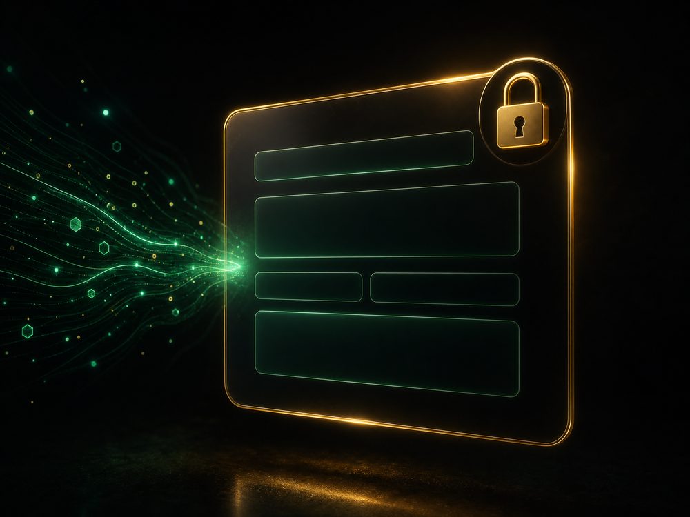 A dark glass reporting panel with a gold border, empty emerald input fields and a golden padlock