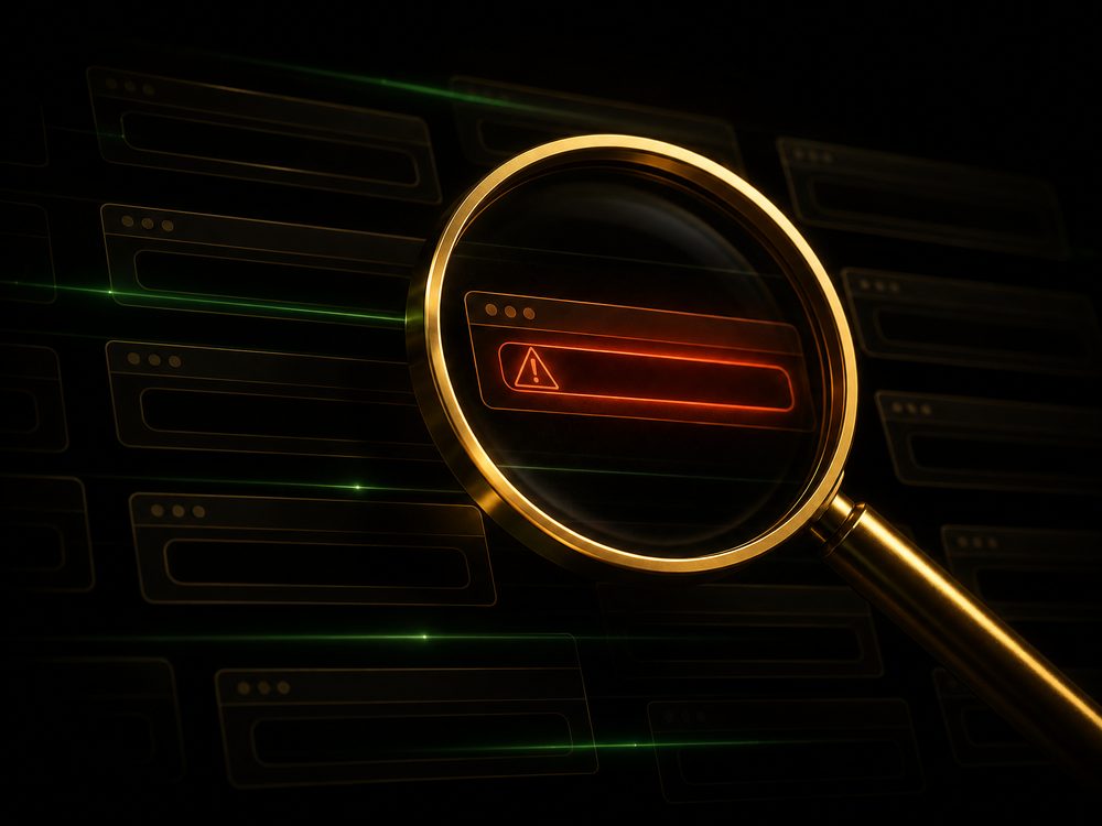 A golden magnifying glass revealing one warning-highlighted address bar among many dim ones