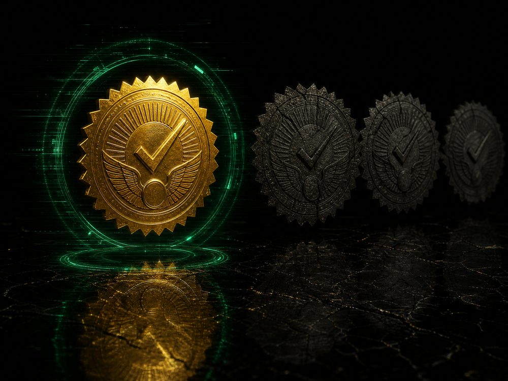 One authentic golden verification seal illuminated beside three faded counterfeit duplicates